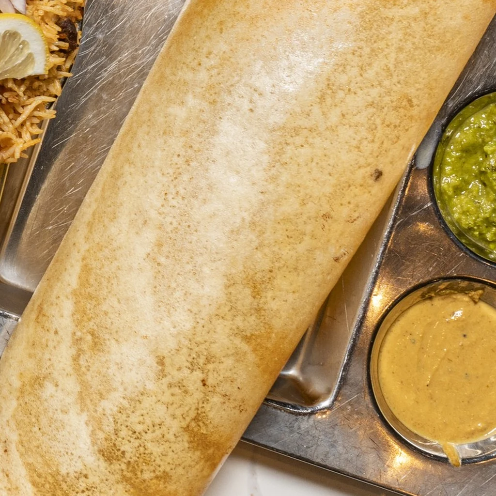 Masala dosa with sambar and chutneys at Raja Chettinad Scarborough